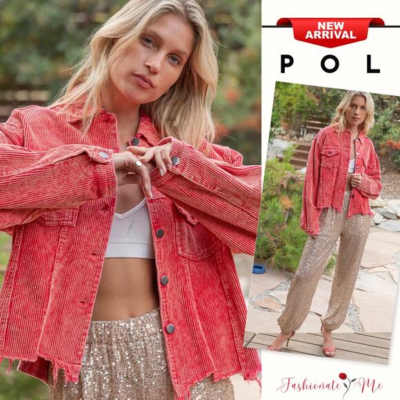 POL Button Down Raw Hem Chest Pockets Cropped Corduroy Trucker Jacket | Red - Picture 1 of 6